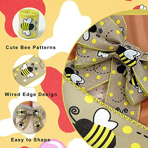 Mlurcu Bee Ribbons 6 Rolls Bee Wired Ribbon Sewing Diy Craft Bee Fabric 40 Yards 2.5 Inch Yellow Ribbon Stripe Gingham Dot Summer Ribbon Craft Bees For Bows Wreaths Wrapping Party Decorative #TOP2