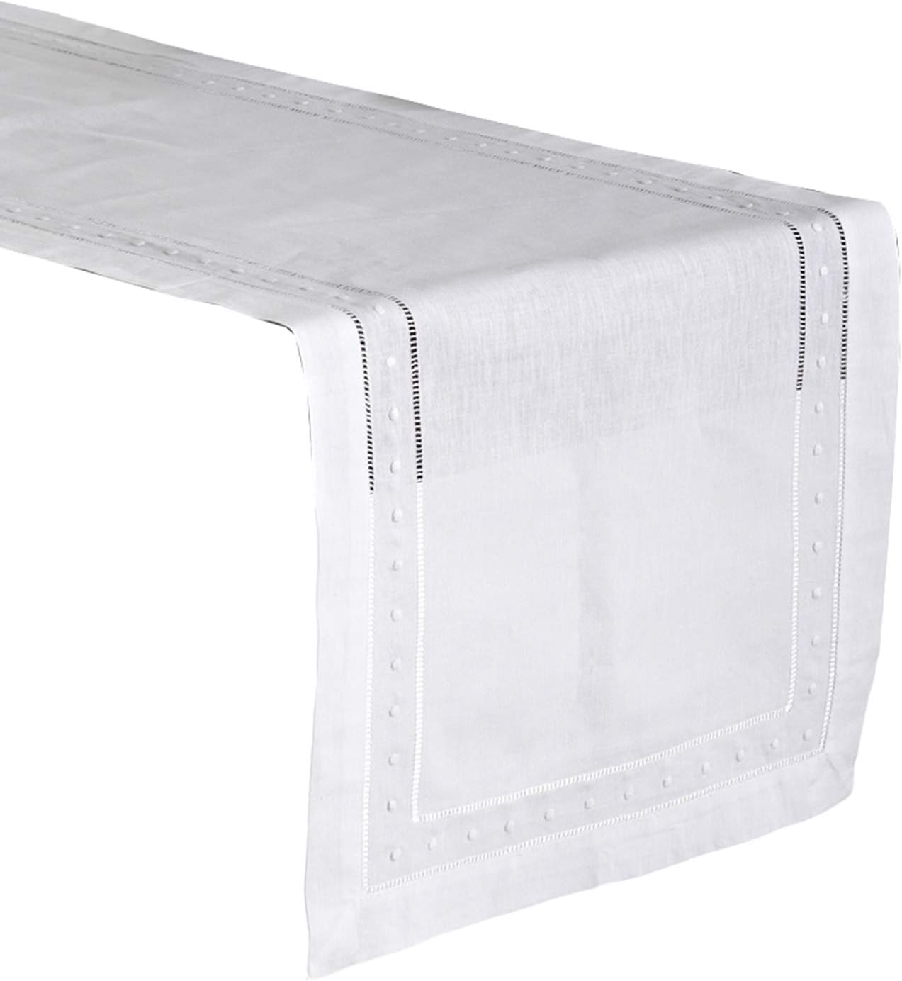Fennco Styles Hand Hemstitched and Embroidered Swiss Dot Cotton Linen Table Runner, White, 16" W X 45" L
