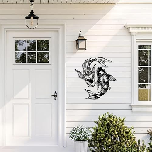 Vista 3 de YBLCOZYC 2 piezas de arte de pared de pez koi, escultura de pescado de Feng Shui de metal, adorno colgante para interiores y exteriores, con regalo