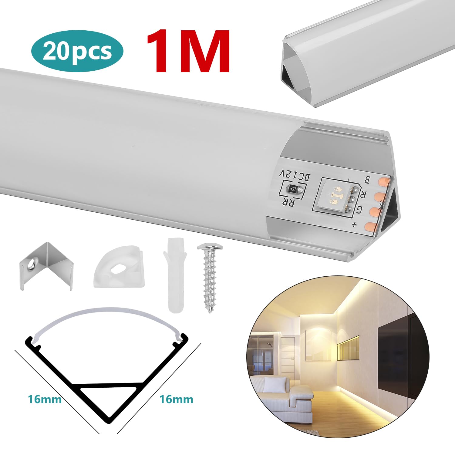 Sonnewelt Profil aluminiowy LED w kształcie litery V, 1 m, 20 sztuk do taśm LED do 11 mm, z osłoną, zaślepkami i klipsami montażowymi do taśm LED i taśm LED