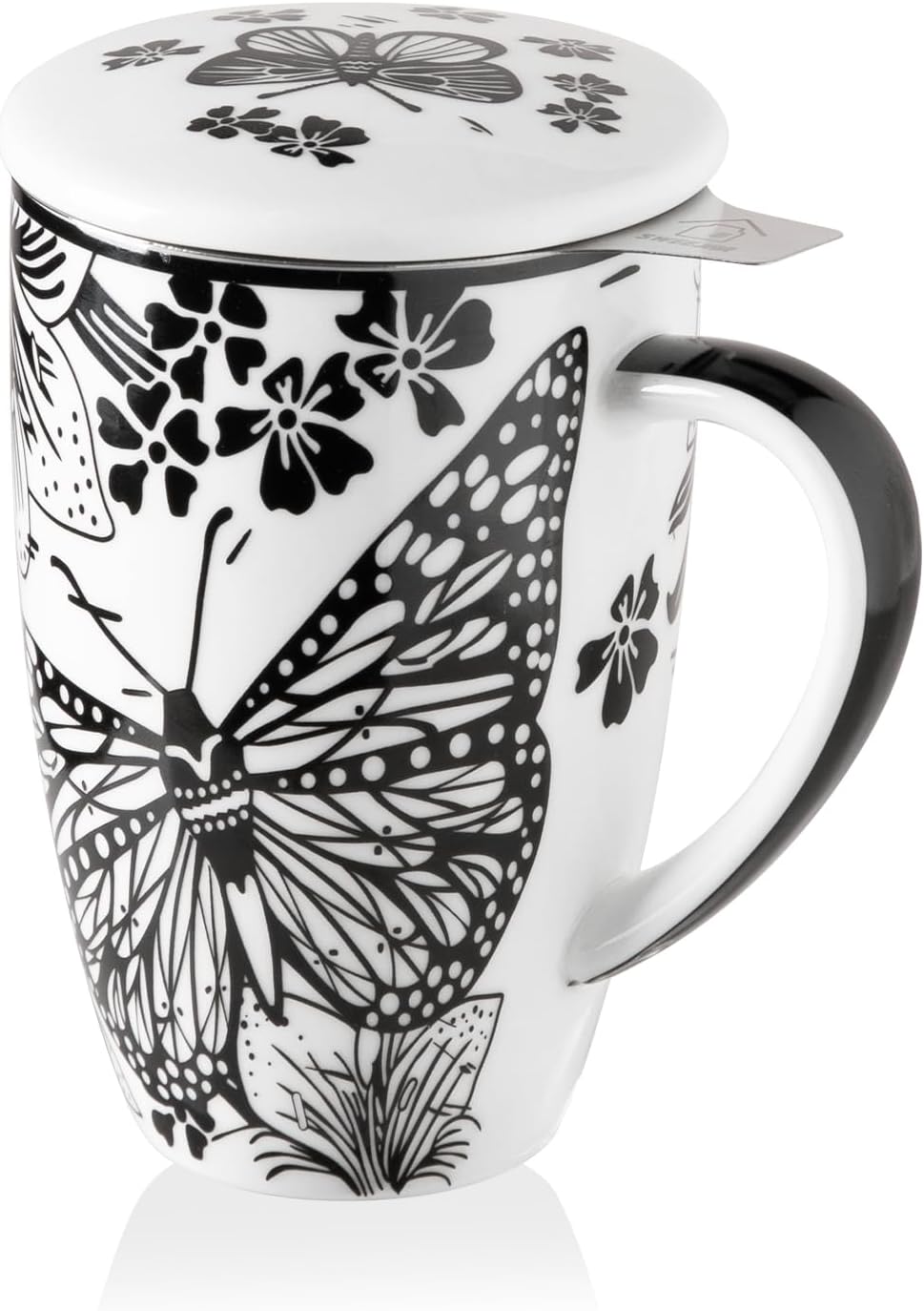 Sweejar Porcelain Tea Infuser Mug with Lid, 16 oz Teacup with Strainers for Loose Leaf Tea, Microwave and Dishwasher Safe Coffee Mug(Onyx Wing)