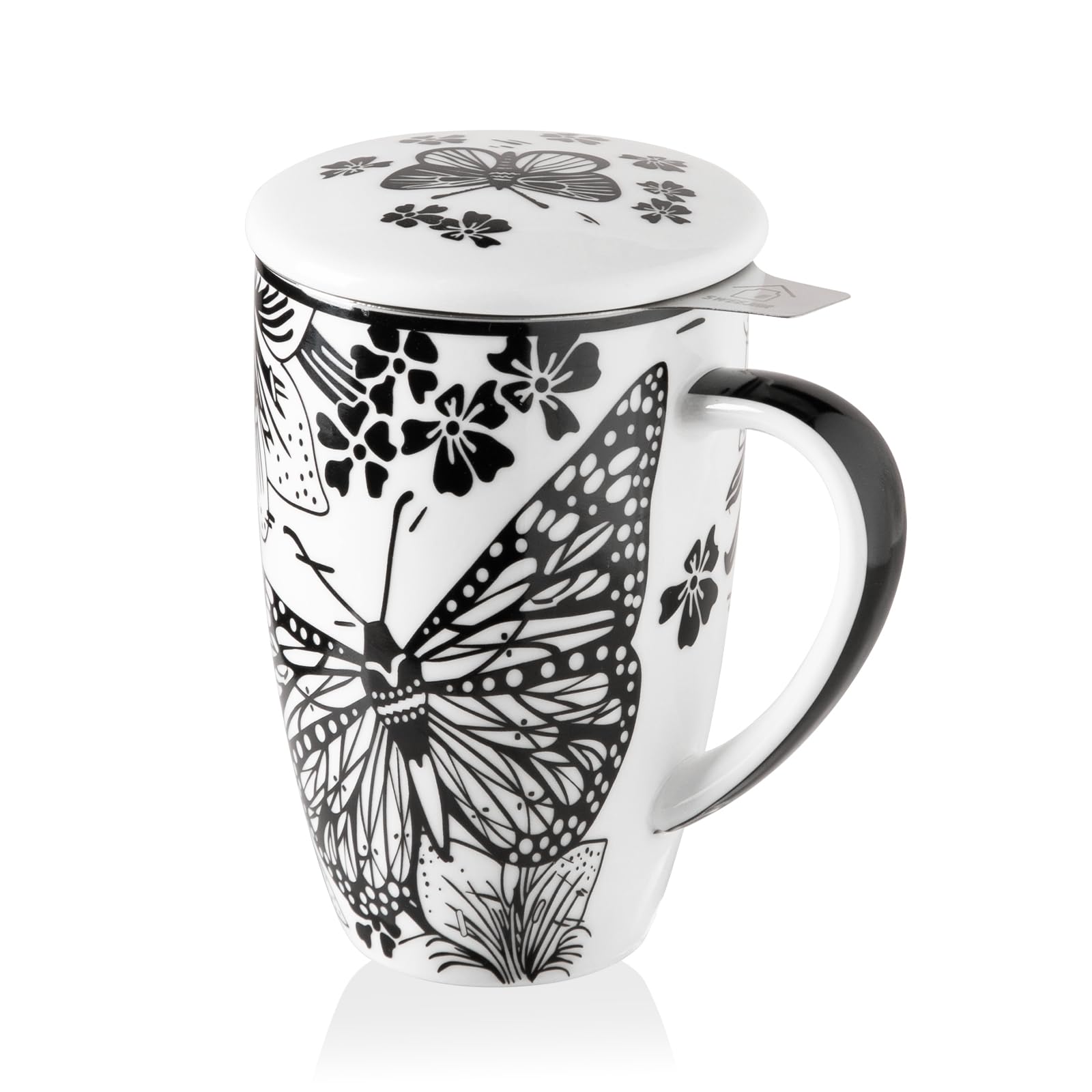 Sweejar Porcelain Tea Infuser Mug with Lid, 16 oz Teacup with Strainers for Loose Leaf Tea, Microwave and Dishwasher Safe Coffee Mug(Onyx Wing)