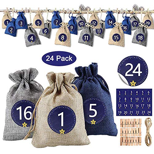 ZesNice 24 Pcs Calendriers de l'Avent a Remplir Soi Meme, Sac Cadeau de Noël, Réutilisable Pochette Cadeau Noel, DIY Noël Cadeaux Sacs, Sac en Tissu Noël Sachets de Confiserie Calendrier de Noel Cover