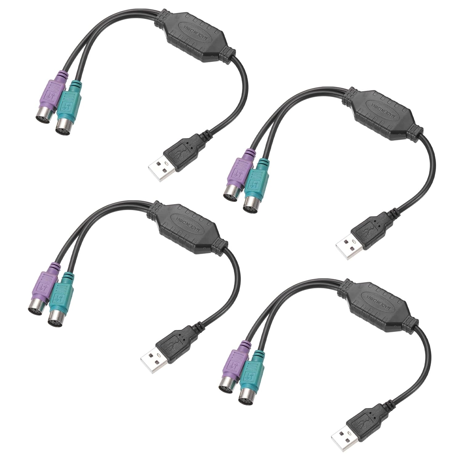 MECCANIXITY 4Pcs USB to Dual PS/2 Adapter Cable 6P 1FT PS/2 Female to USB 2.0 Male Converter Built-in Chip Connector Adapter for PC Keyboard and Mouse,Black