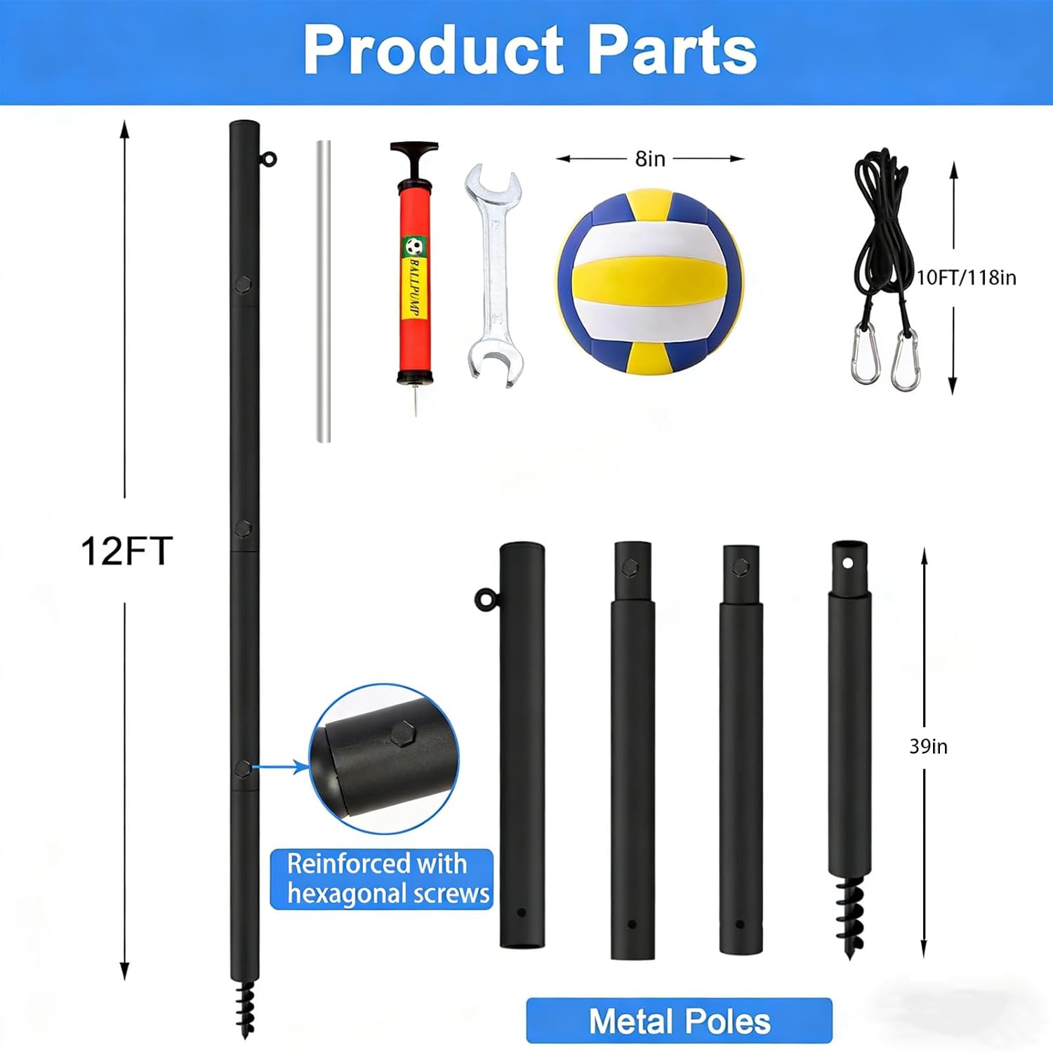Tetherball Set, 12FT Heavy Duty Pole with Threaded Ground Insert, Easy Install and Detachable for Storage, Outdoor Backyard Game Equipment Kit