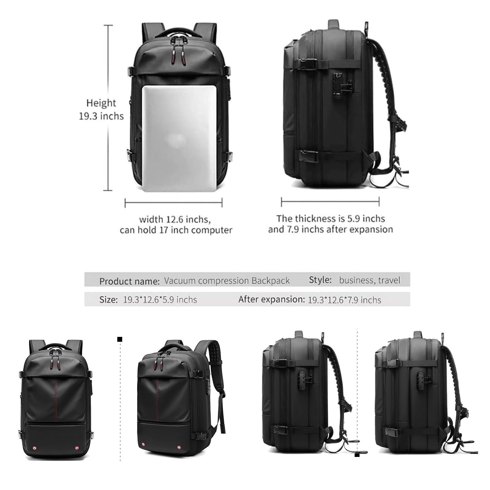 Sac à Dos Extensible 60 L avec Compression Sous Vide, Résistant à L'eau, Antivol, Sac à Dos de Voyage sous Vide Vacpack de Seymal (Noir, 19.3 * 12.6 * 5.9 inches)