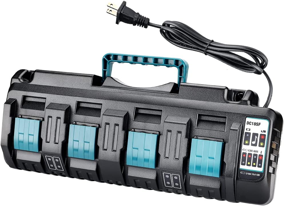 DC18SF 4-Port Battery Charger Compatible with Makita 18V Battery, Rapid Charger with Dual USB Port Fast Simultaneous Charging 18 Volt Charger