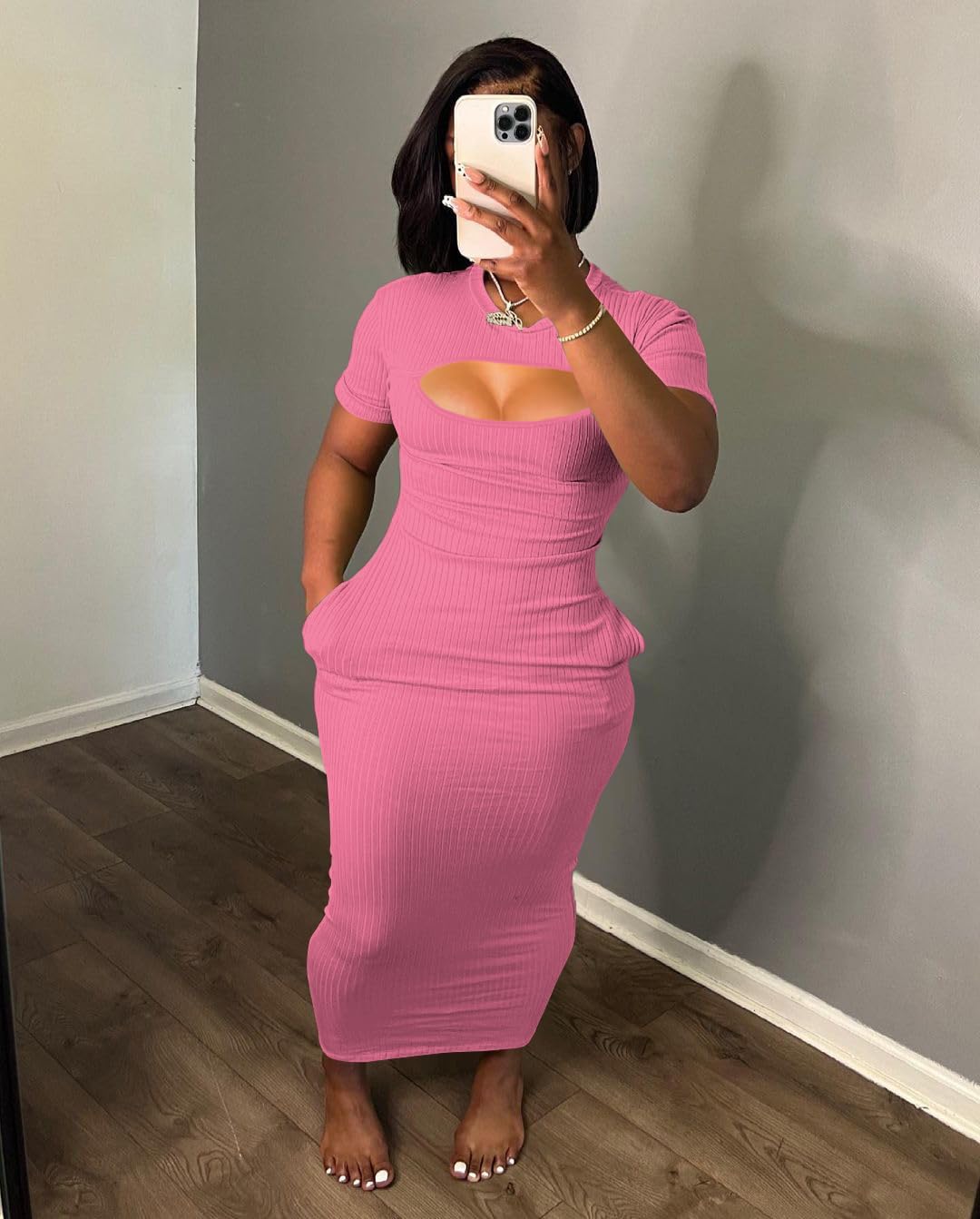 Women's Short Sleeve Dress T Shirt Bodycon Dresses Cut Out Ribbed V Neck Maxi Sundress Party Club Dress with Pocket-Pink-XL - Image 2