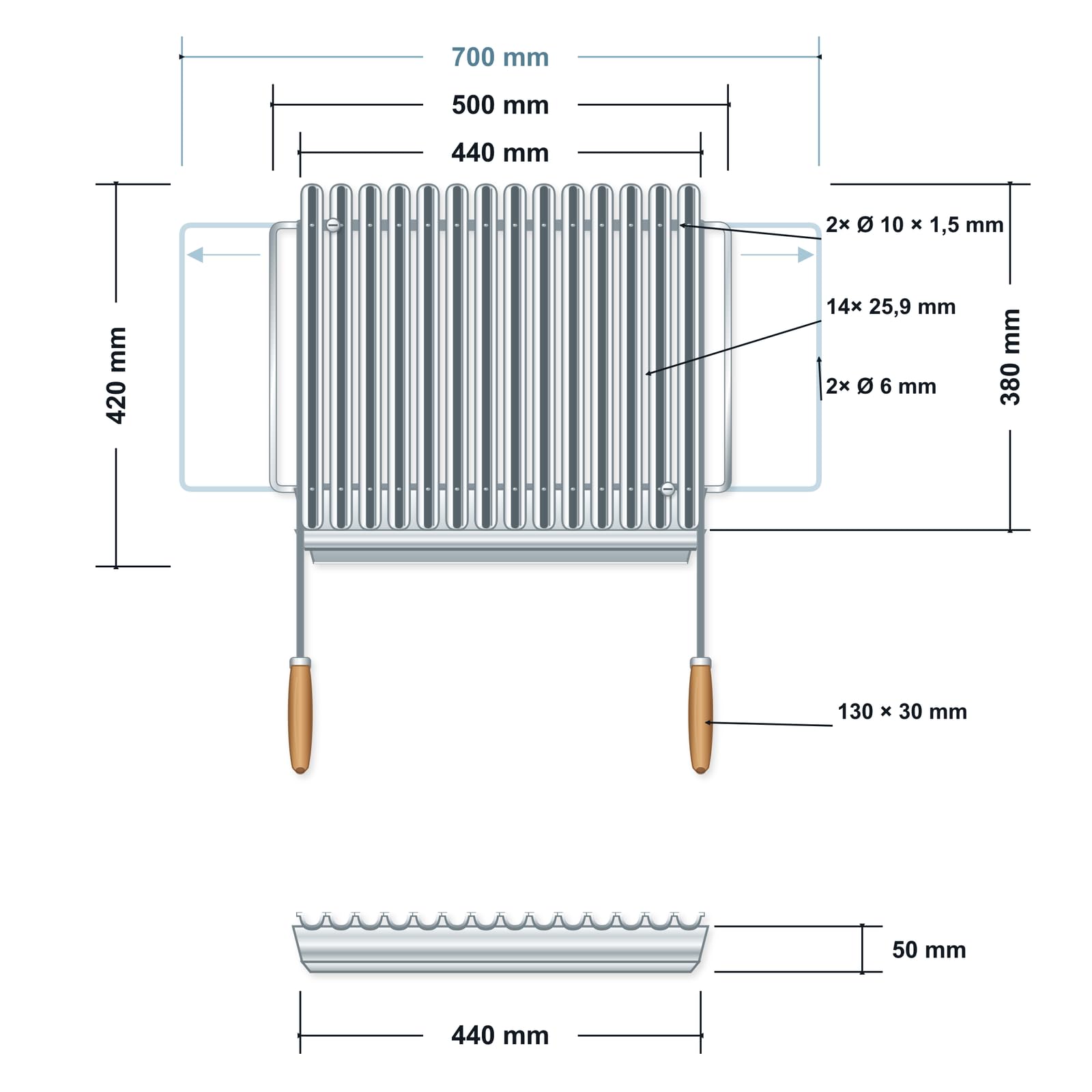 BIO Griglia Barbecue Inox Regolabile 50–70 × 42 cm con Manici | Versione regolabile con manici