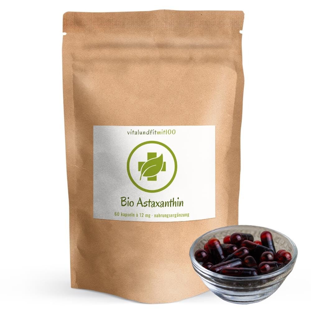 vitalundfitmit100 Bio Astaxanthin 12 mg, 60 Kapseln hochdosiert, mit Olivenöl, vegan