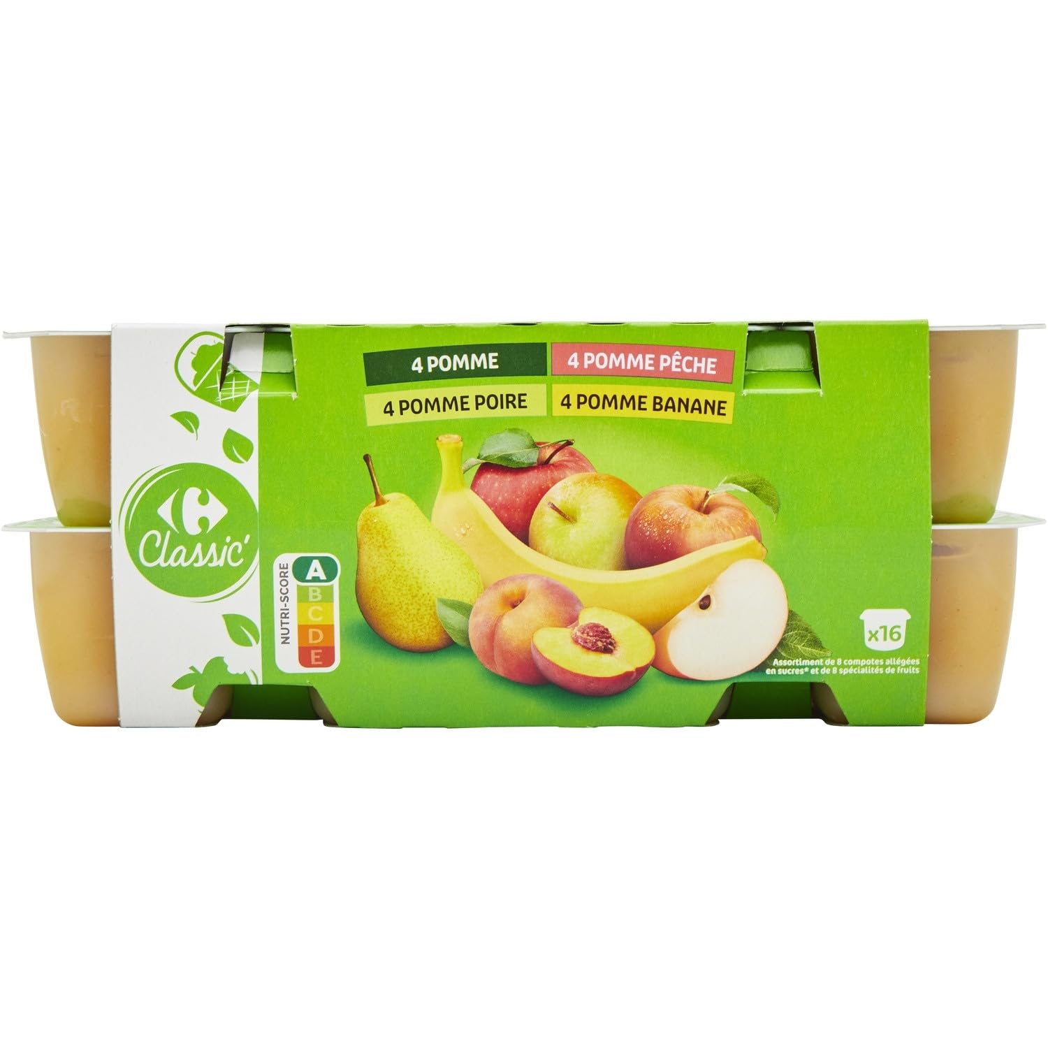 CARREFOUR CLASSIC' - Assortiment de 16 Compotes Allégées en Sucres Pommes, Pêches, Bananes - 30% de Sucres en Moins - les 16 pots de 100g - 1600g - Le Lot De 3
