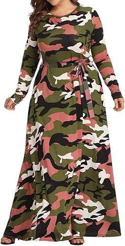 Vestido largo de camuflaje de talla grande para mujer, vestidos largos estampados de manga larga