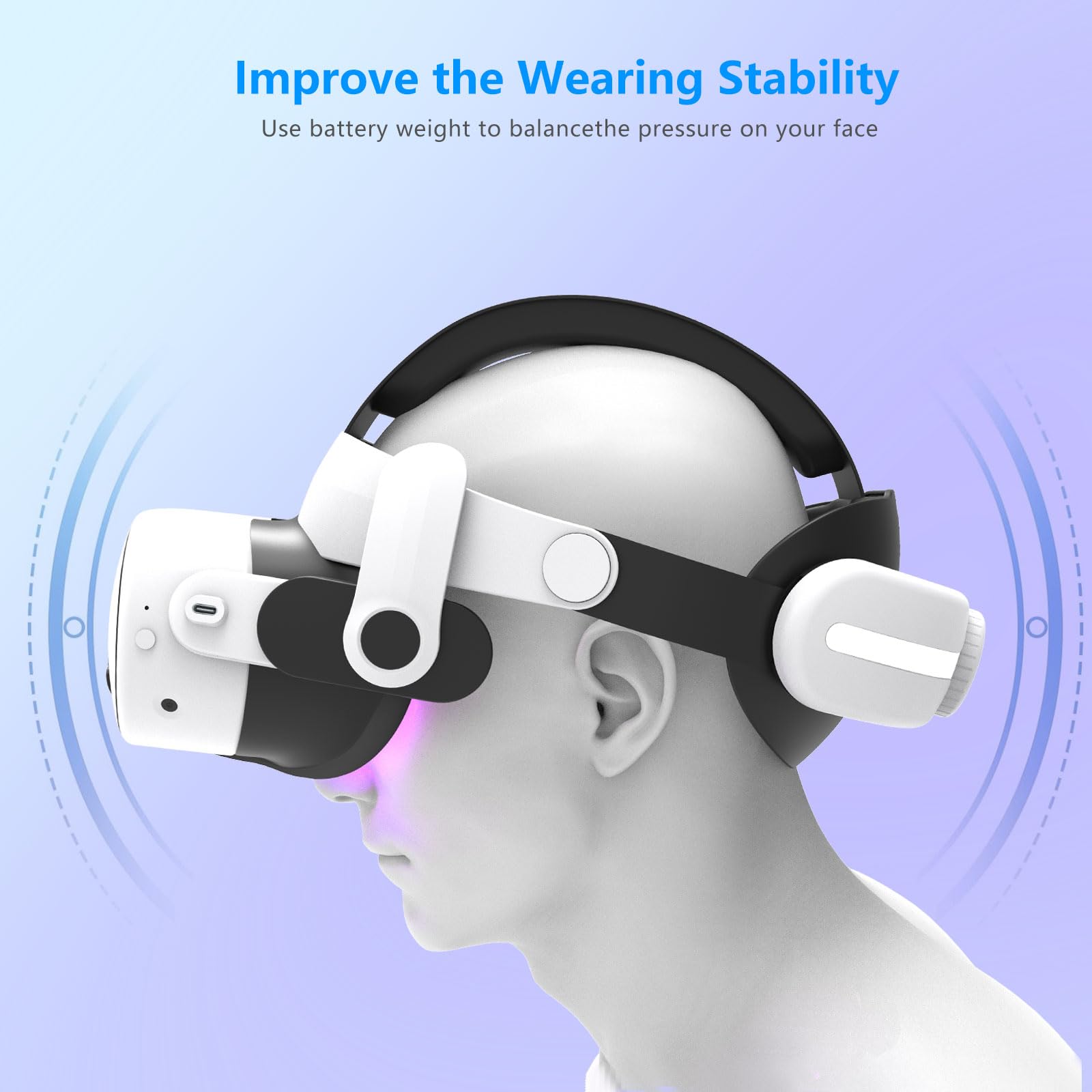 Miękkie i wygodne nakrycie głowy do Oculus/Quest3/3S, regulowana i trwała elastyczna taśma, podwójne pokrętła minimalizujące nacisk głowy i zwiększają równowagę, idealne do intensywnych przygód VR