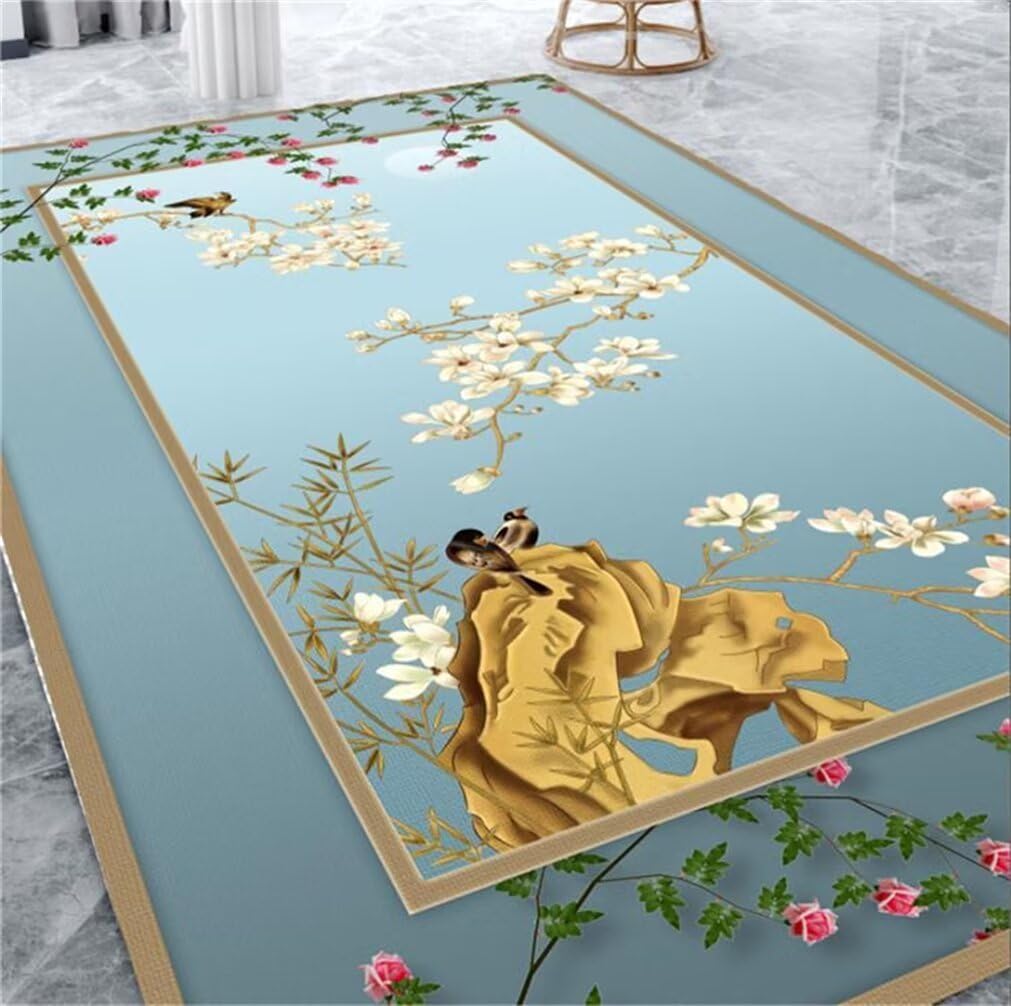 Tapis de couloir 150x200 lavable bleu antidérapant motif fleur
