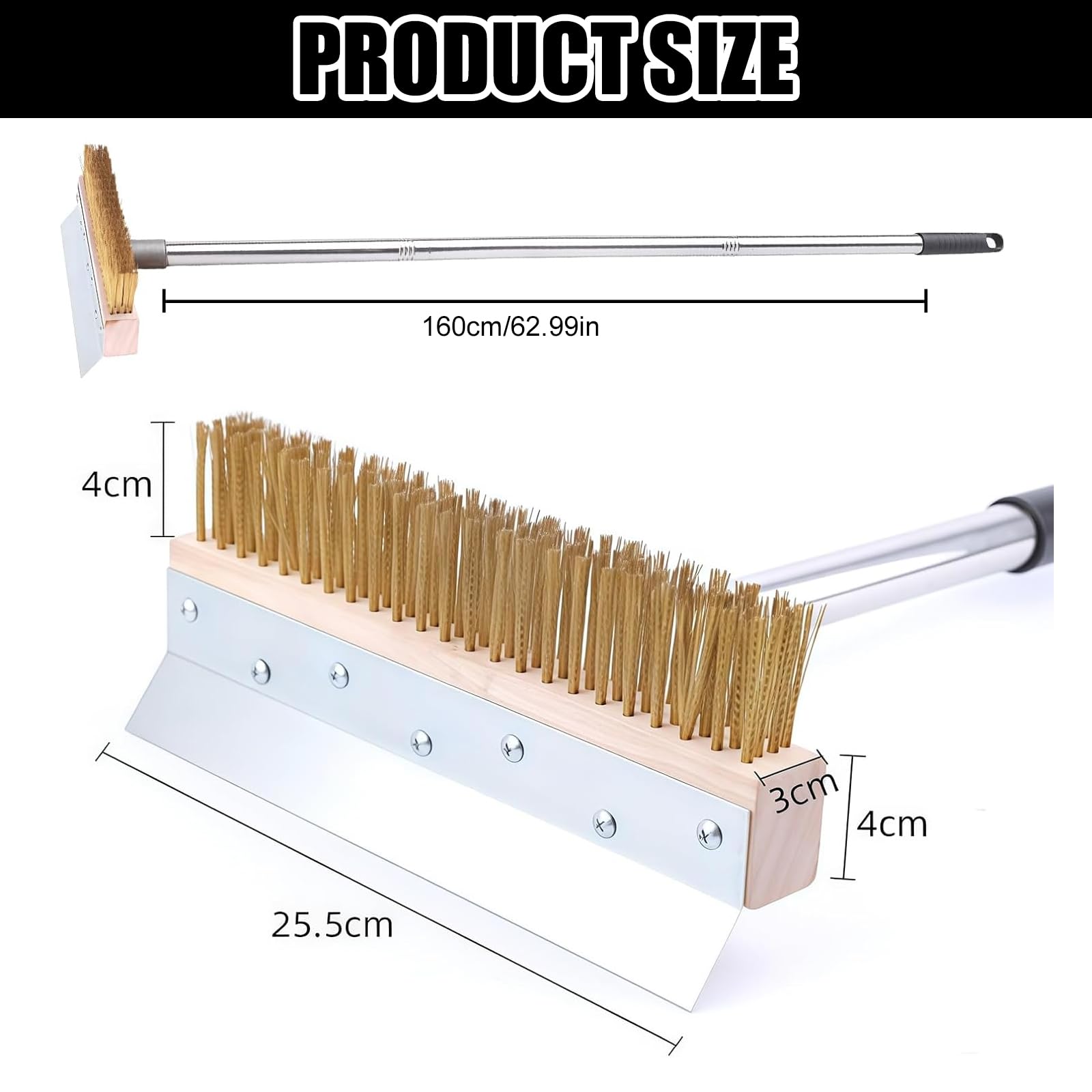 Brosse de four à pizza avec grattoir en acier de 1,6 m, brosse à pizza avec grattoir, brosse à pierre à pizza, poignée amovible en aluminium, accessoire pour le nettoyage des fours à pizza, fours à