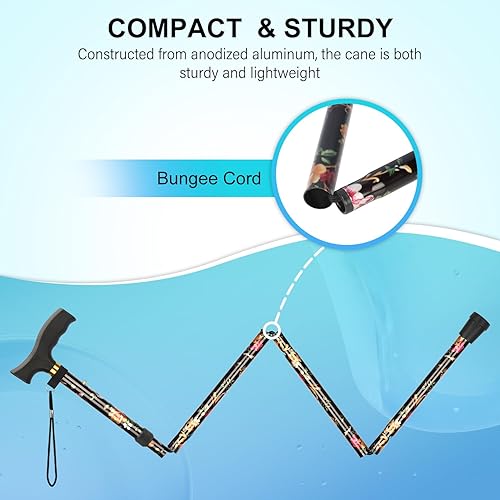 Miniatura 5 de supregear Bastón plegable, ligero y ajustable de 5 niveles con correa para la muñeca y mango en T, ayuda de movilidad portátil para ancianos y