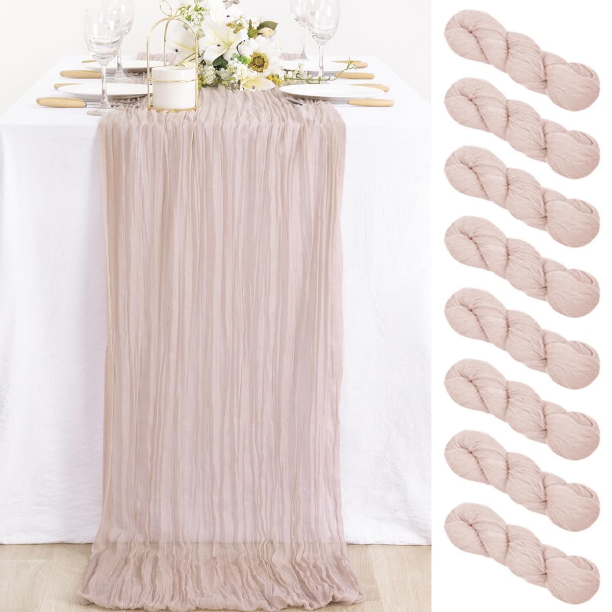 MLMC 8 Pack Pink Table Runner Boho Dusty Pink Cheesecloth Table Runner 10ft Gauze Cheese Cloth Decor 35x120 Inches for Mothers' Day Wedding Bridal