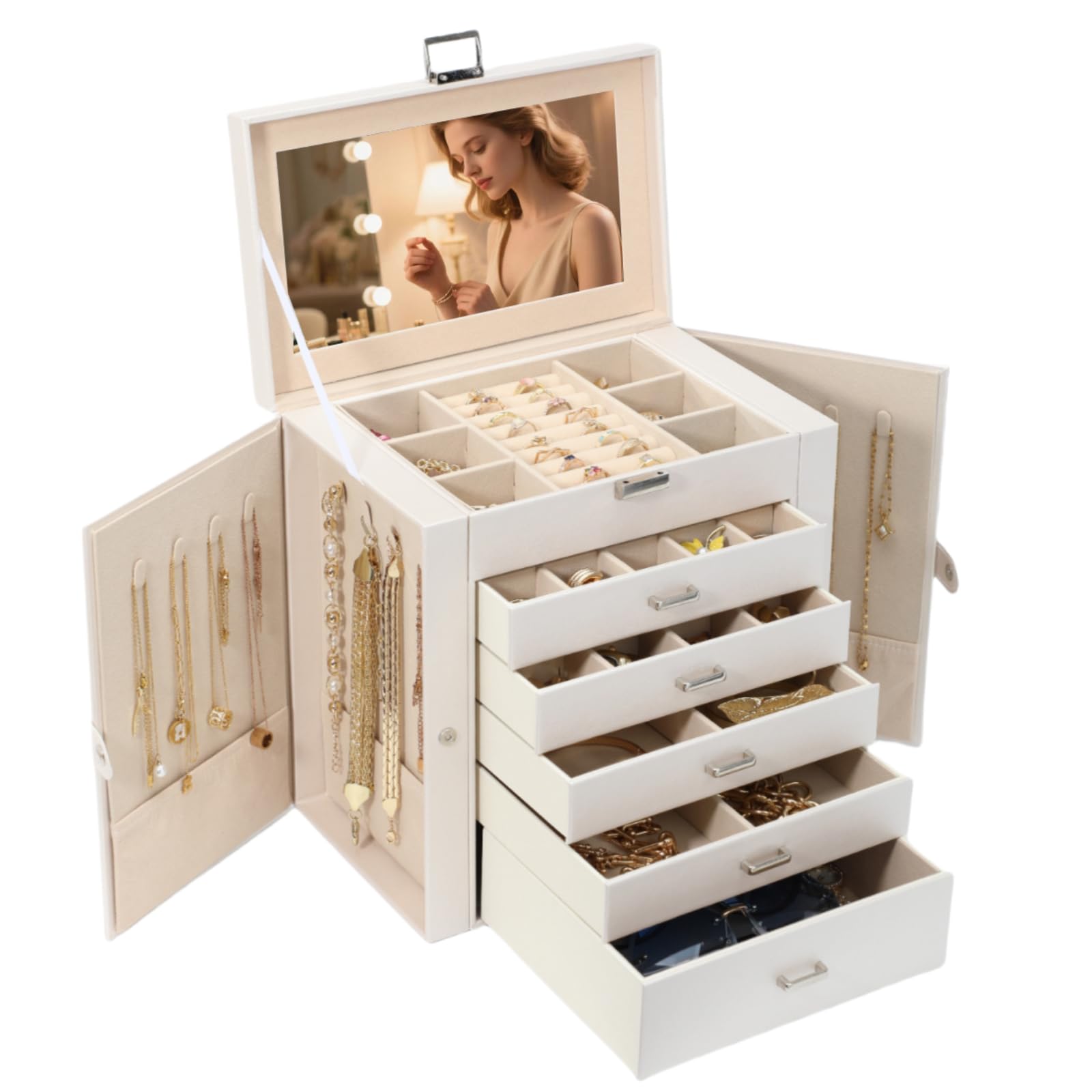 BOOVO Jewelry Box For women 6 Layer Large Jewelry Organizer With Mirror Multi-Function Storage Box With Lock Accessory