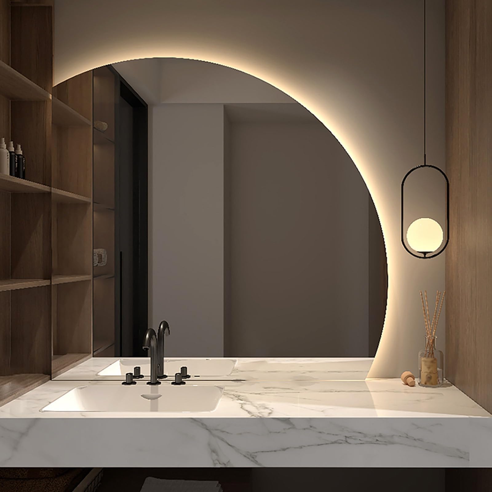 LED Bathroom Mirror Frameless Backlit Half Moon, Anti-Fog Smart Wall Vanity Mirror, 3 Colors Lights Dimmable Brightness with Touch Switch(Left Under Cut,100 * 100cm/40 * 40")