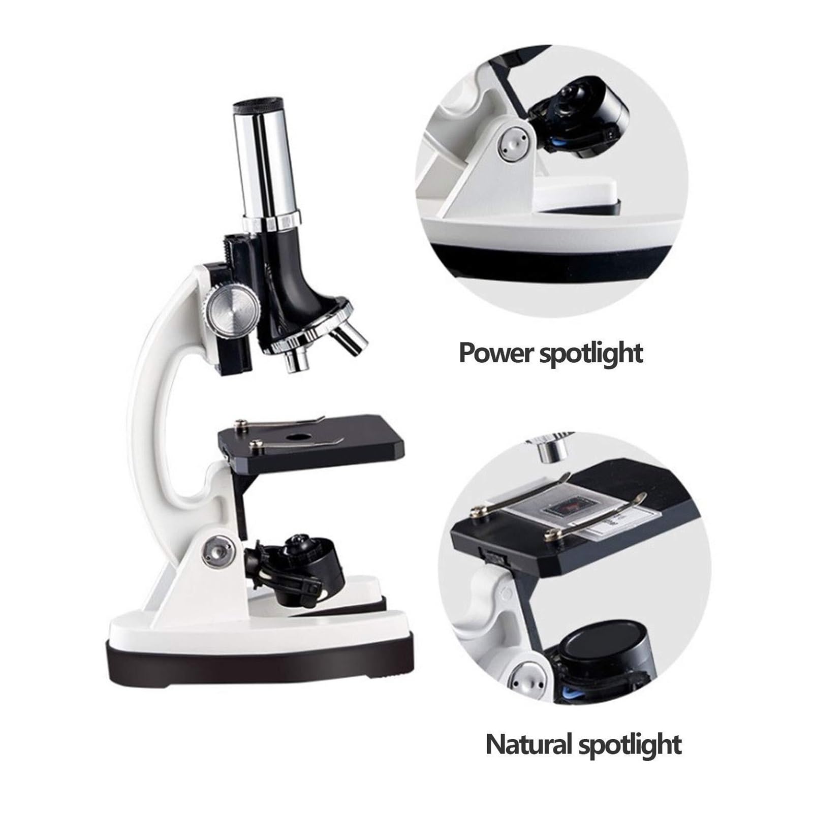 Kit de microscopio para niños, microscopio compuesto portátil, sistema de fuente de luz dual, alta definición