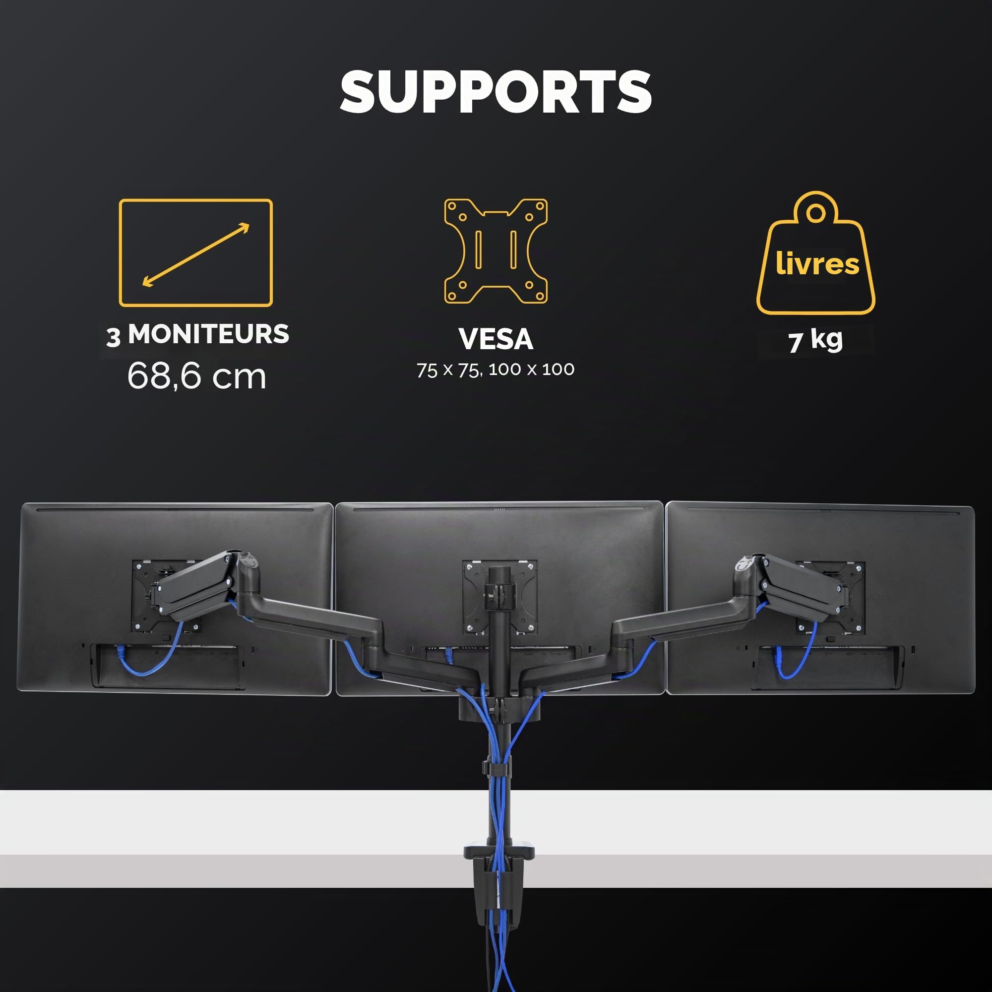 Fellowes Bras Porte Écrans Platinum Triple pour 3 Moniteurs Jusqu'à 27", Portrait Ou Paysage, Norme VESA, 2 Ports USB