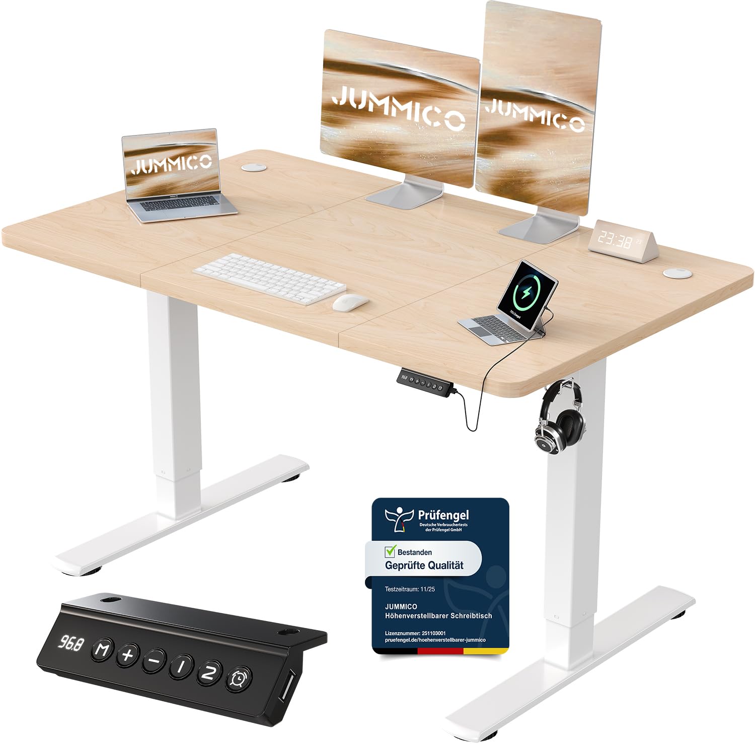JUMMICO Höhenverstellbarer Schreibtisch mit USB-Ladeanschluss,Schreibtisch Höhenverstellbar Elektrisch 120 x 60 cm, Steh-Sitz Tisch Stehpult Verstellbarer Computertisch,Standing Desk,Beige