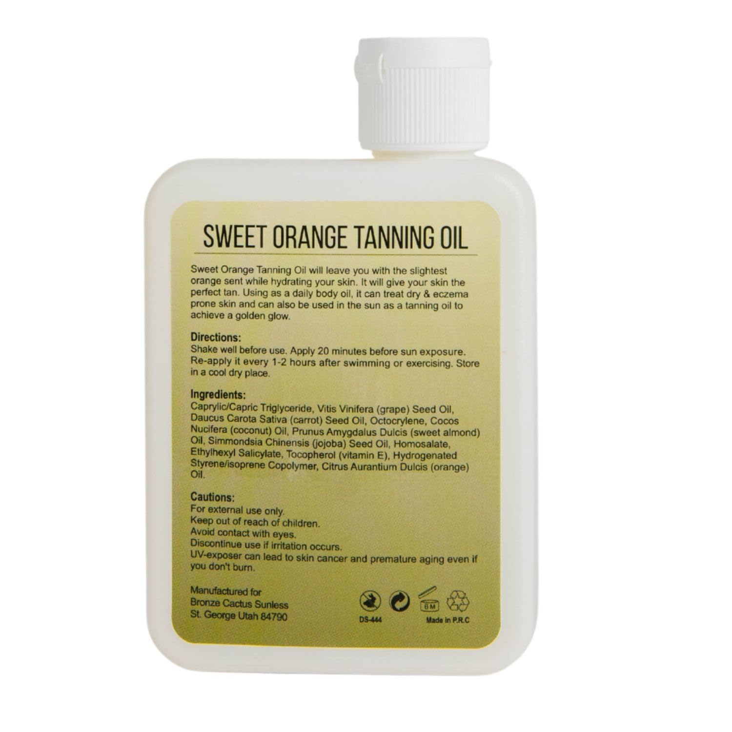 Bronze Cactus Sweet Orange Tanning Oil with SPF15, Dermatologically Tested Vegan-Friendly Moisturizing Tanning Oil, Broad Spectrum UVA/UVB Protection, Paraben/Cruelty-Free, 3.4fl.oz