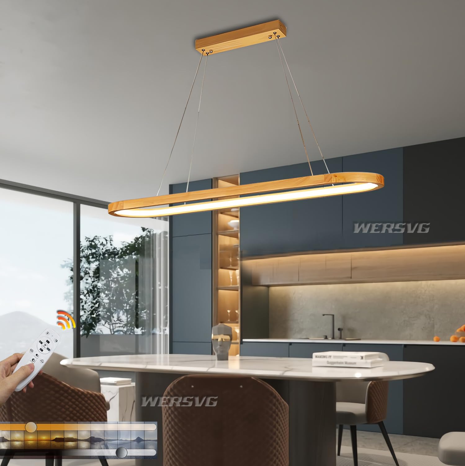 Lámpara colgante Moderna de Madera regulable con Control remoto, 150 cm, nogal, para Mesa de comedor y oficina, lámpara colgante de Madera Natural.