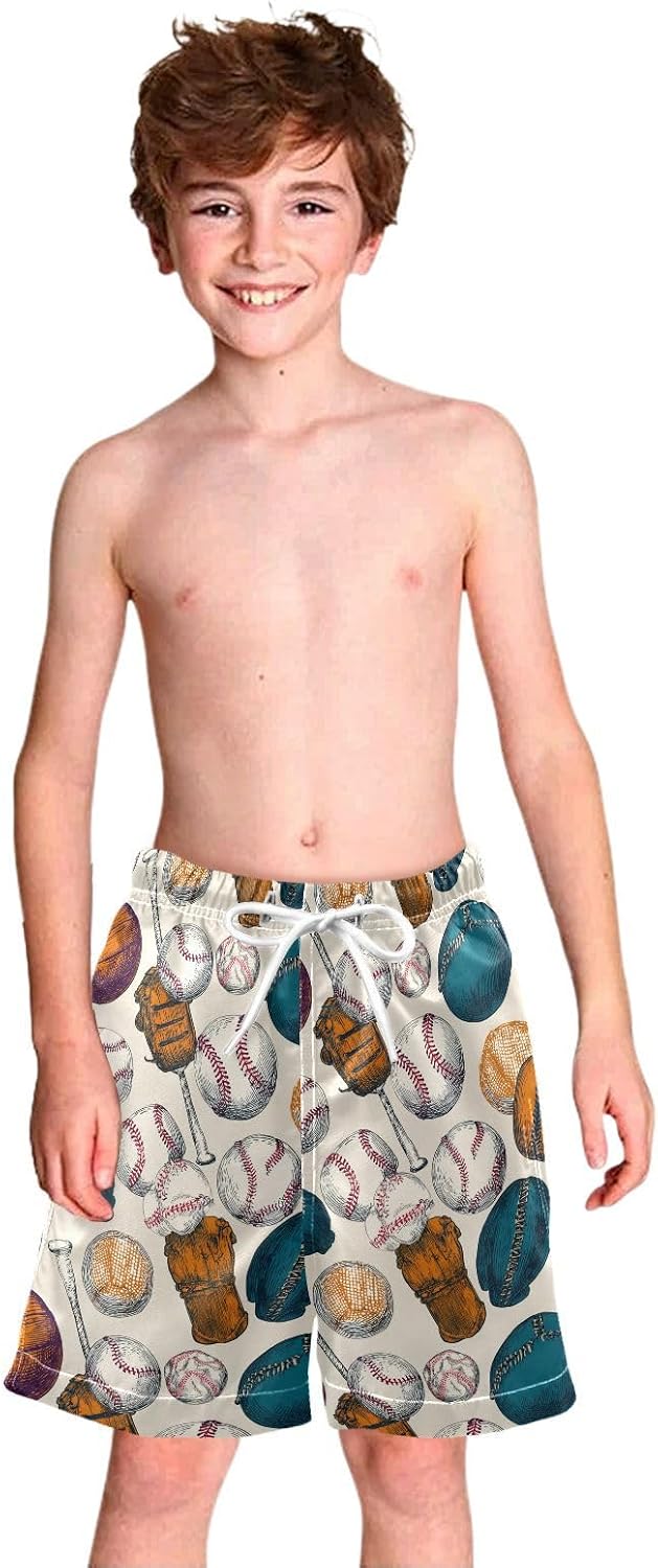 Boccsty Baseball Retro Balls Boys Swim Trunks Baby Kids Swimwear Summer Toddler Beach Board Shorts Bathing Suit 2T