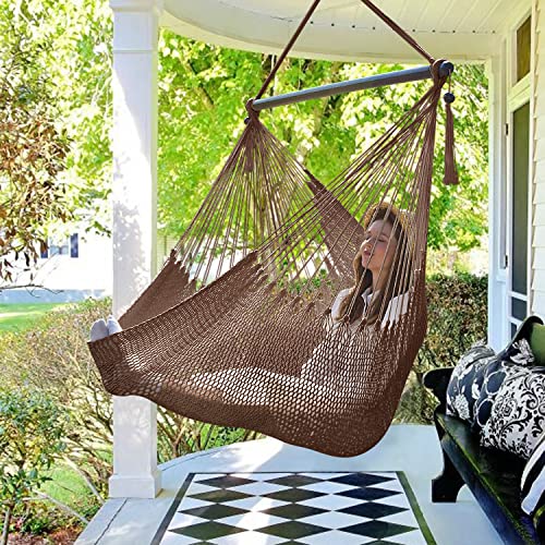 Image of Caribbean Hammock Swing Chair with Spreader Bar, Large Hammock Chair, Hand Craft Rope Hanging Chair Outdoor, Indoor, Bedroom, 330 LBS Weight Capacity, Dark Brown