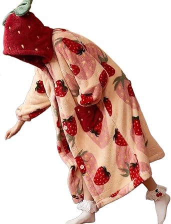 Cute Strawberry Pajama Set for Women Cozy Flannel Robe - Soft Plush Long Loungewear Clothes Home Wear for Fall & Winter