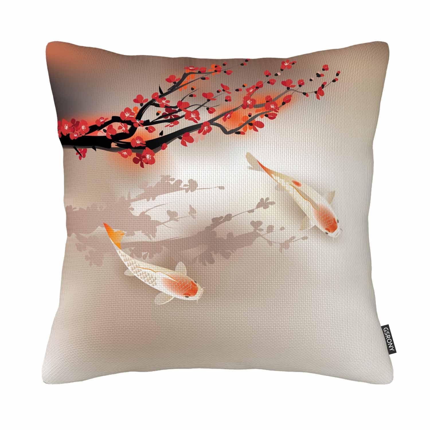 Gsrony Peach Koi Throw Pillow Covers Koi Fish Sakura Branch And Leaves Sacred Animals In Small Body Of Water Pillow Case Home Decor Pillowcase 18X18 Inches