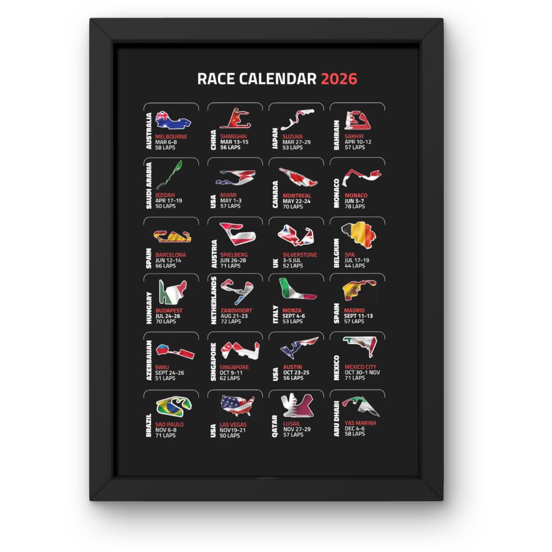 Lap Legends Impression du programme de course 2025 dans un cadre noir A4 - Cadeau pour les fans de F1
