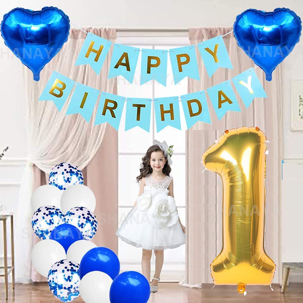 SHANAYA Happy Birthday Decorations For Girls Boys Husband Wife Combo Items  Kit -42Pcs Set Blue Gold Happy Birthday Paper Banner White Metallic ...