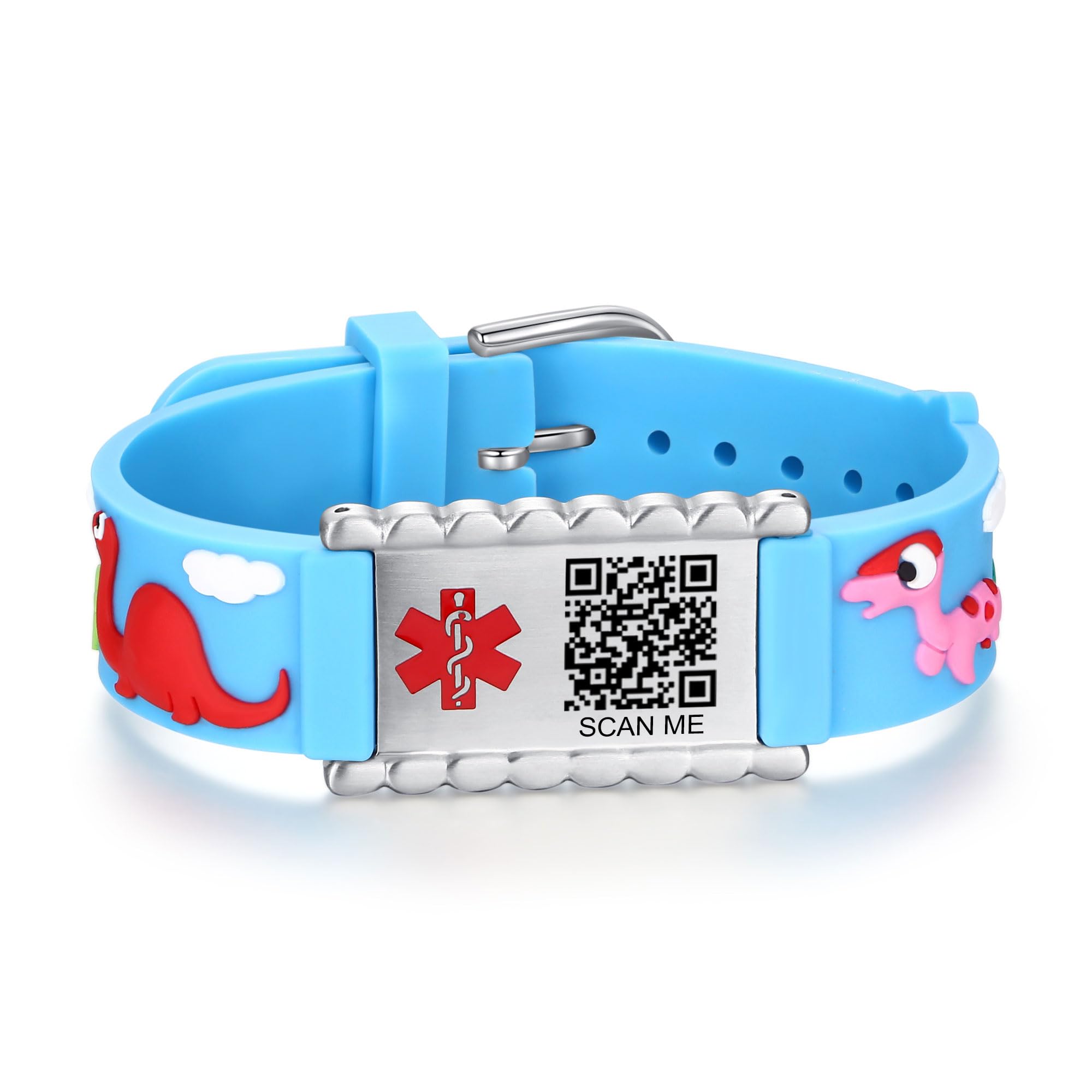 LinnaLove Medical Alert ID Bracelet – Custom or Pre-Engraved, QR Code Available,Blue Dinosaur Band