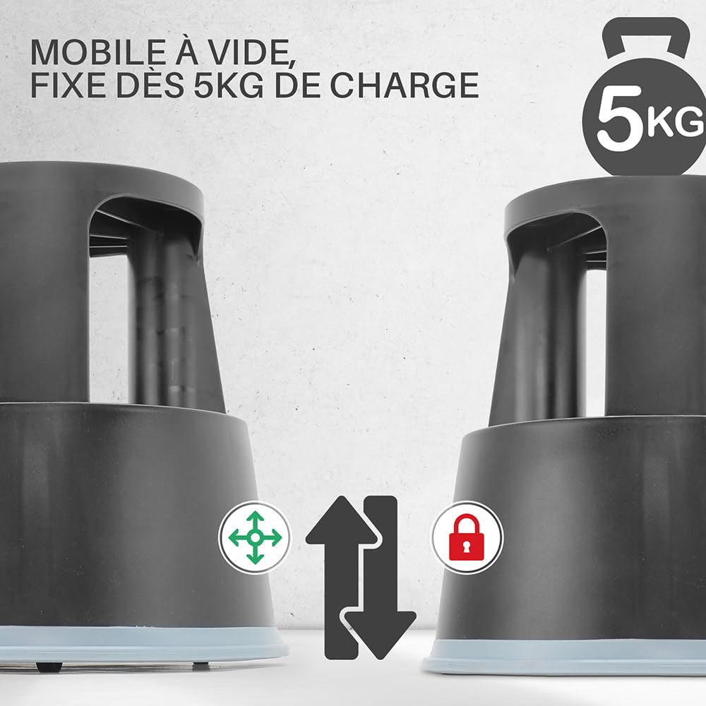 Marchepied Tabouret Mobile à roulettes avec Blocage Automatique – 2 marches antidérapantes Hauteur 43 cm, Plastique renforcé incassable, Charge 150 kg, Noir Certifié TUV - GS