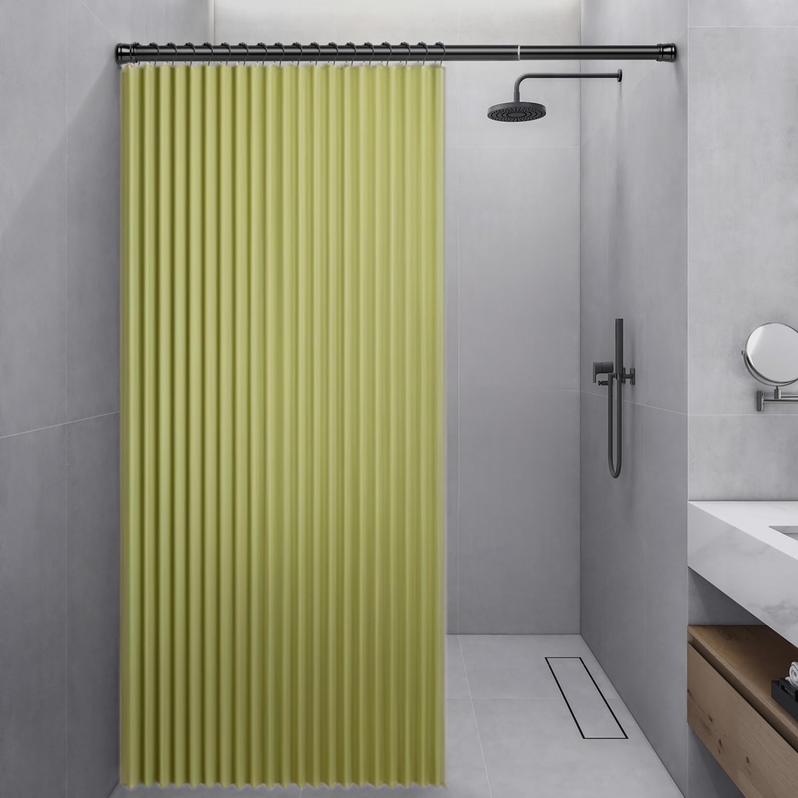 Momooda Waterproof Folding Shower Curtain, Heavy Duty Anti Mould Linen Shower Curtain, Magnetic Sripe Splash-proof, Fast Closing, Green, 200x200cm
