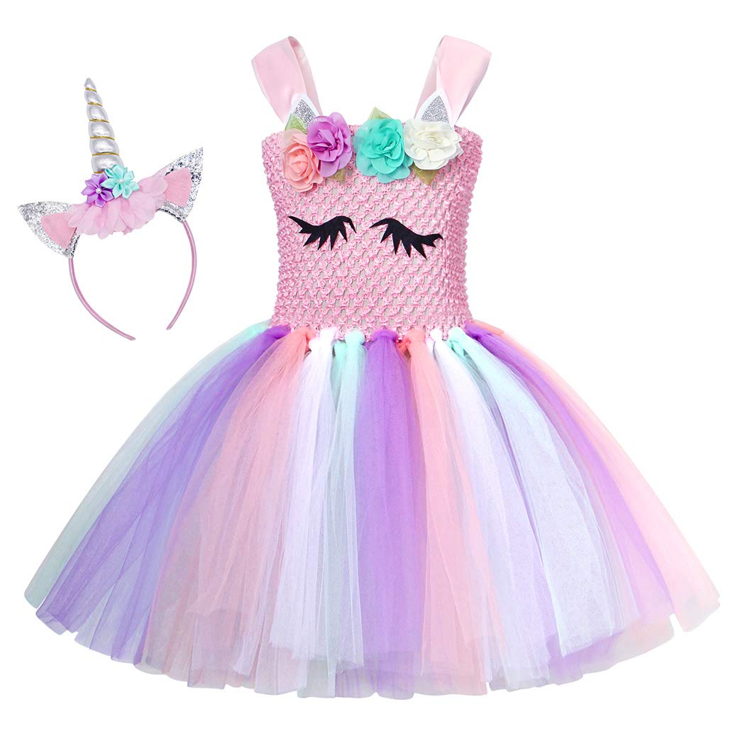 WonderBabeGirls Unicorn Hand Knitted Sling Tutu Dress with Headgear for Kids Birthday Princess Party Costume Carnival Clothes