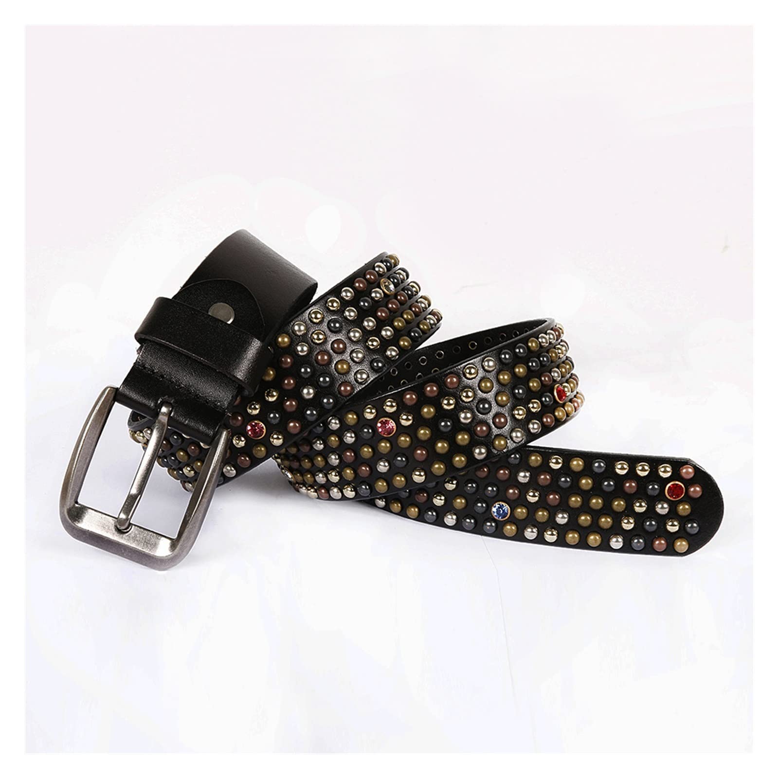 Ineout Men's Black Real Leather Belt Rivet Pin Buckle Belts Brown Genuine Leather Cowhide Diamond Belt(105Cm,)