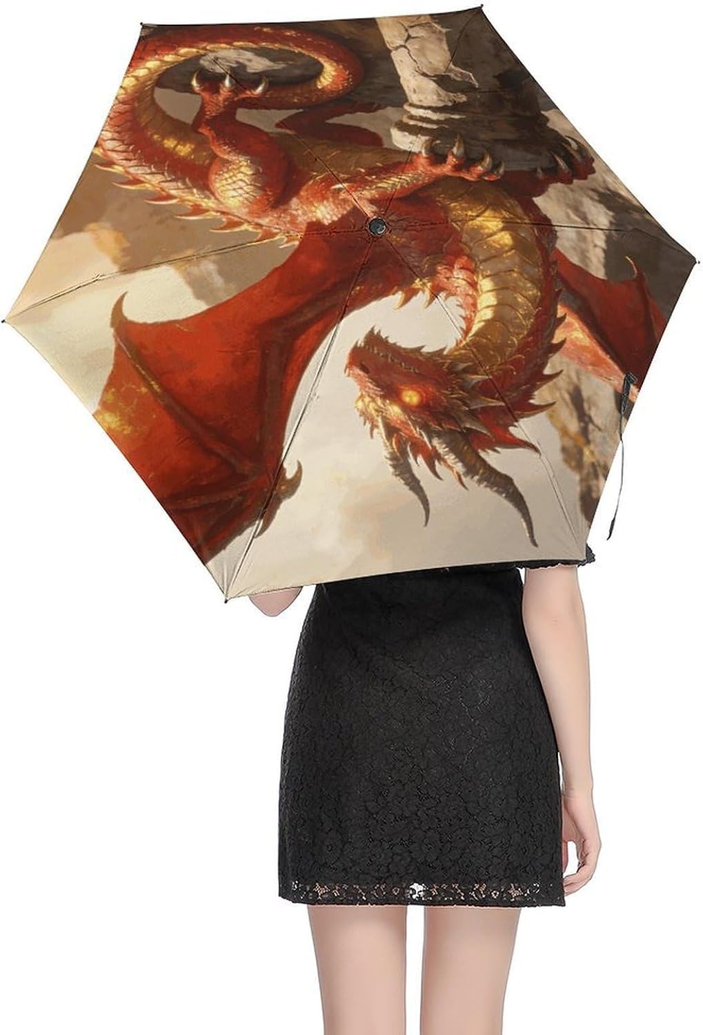 Dragon Printed Exterior 5 Fold Umbrella,Windproof Travel Umbrella for Sun Protection, Small Portable,Compact Umbrellas for Travel, Purse Or Backpack