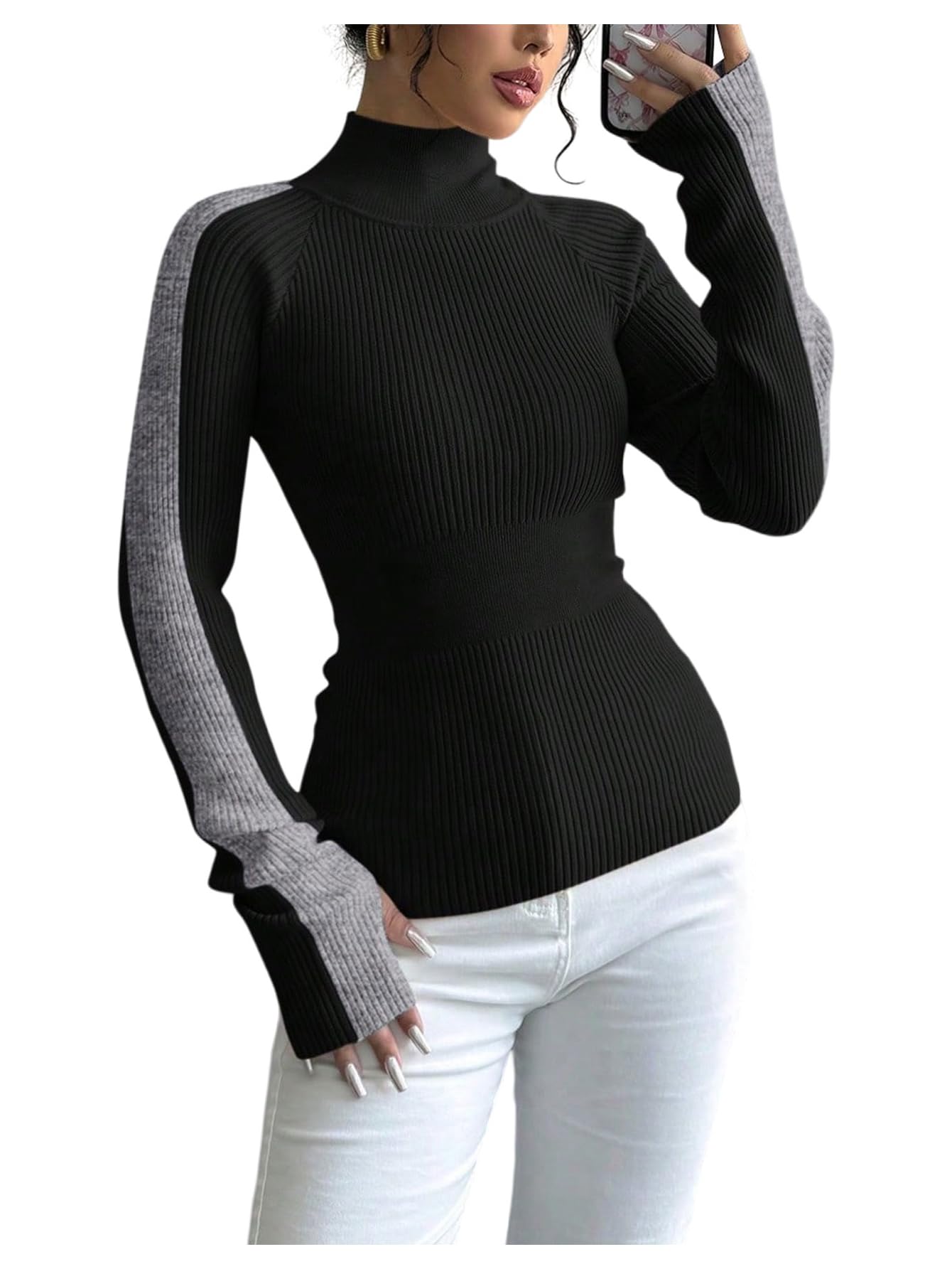 Verdusa Womens Striped Sweater Ribbed Knit Color Block Sweater High Neck Long Sleeve Fitted Pullovers