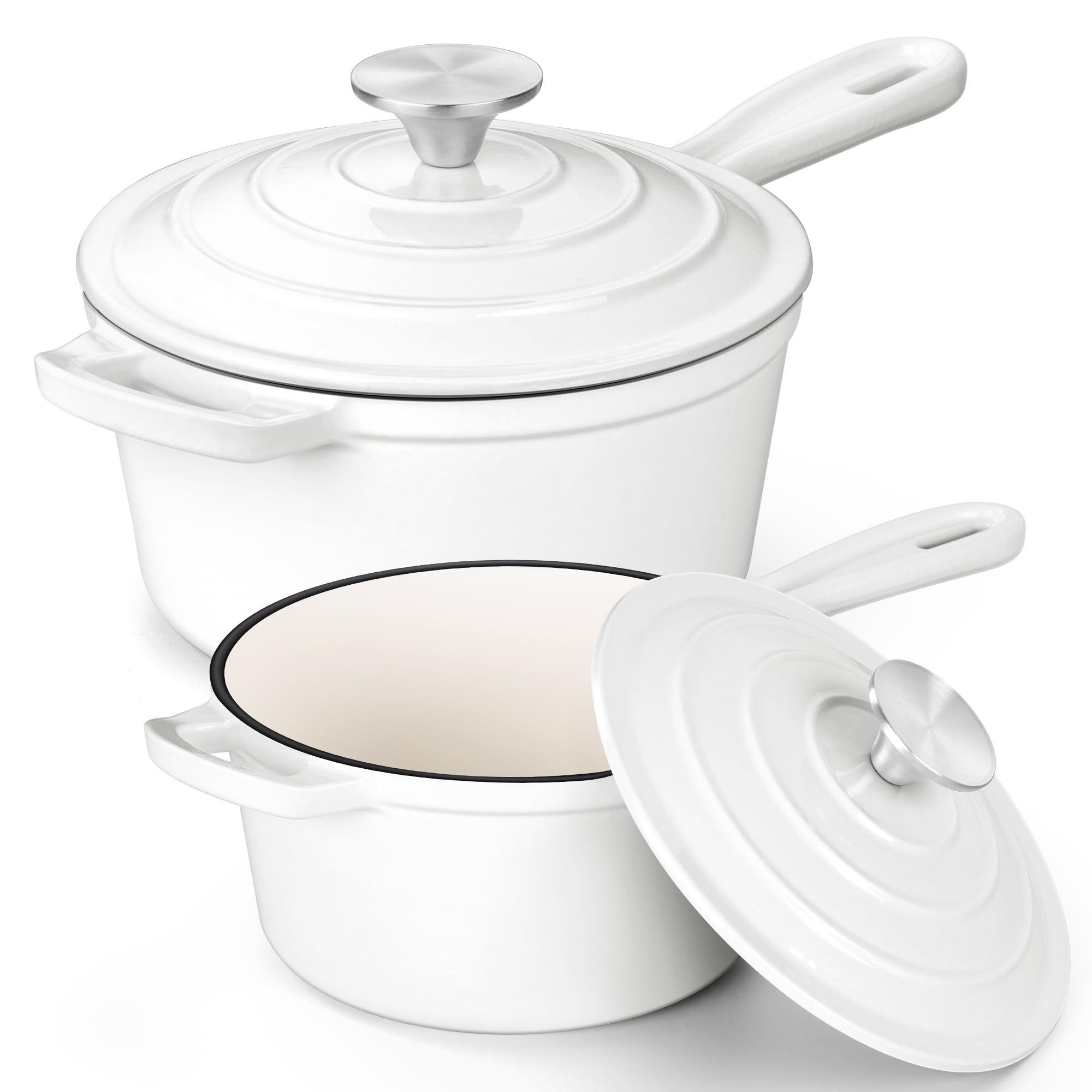 E-far Sauce Pan Set with Lid, 1Qt & 2Qt Enameled Cast Iron Pot Sets for Kitchen Cooking, Small Heavy Duty Dutch Oven Saucepans & Self-basting Lids, Induction-Ready & Easy Clean, White