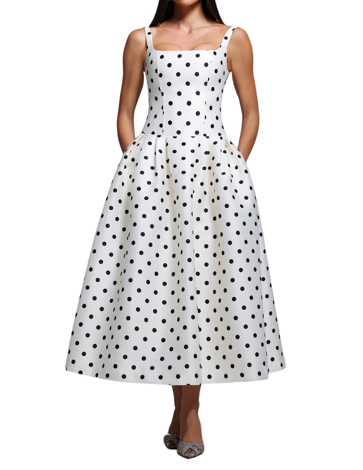 BELLA BARNETT White Spaghetti Strap Satin Polka Dot Dress for Women Maxi Vintage Pleated Prom Homecoming Dress product thumbnail 2