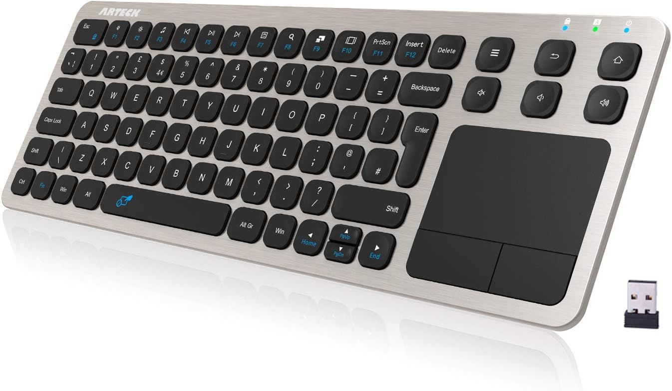 Arteck 2.4G Wireless Touch TV Keyboard with Easy Media Control and Built-In Touchpad Solid Stainless Steel Ultra Compact Full Size QWERTY UK Layout Keyboard for TV-Connected Computer, Smart TV, HTPC