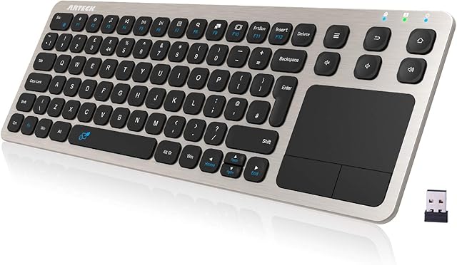 Arteck 2.4G Wireless Touch TV Keyboard with Easy Media Control and Built-In Touchpad Solid Stainless Steel Ultra Compact Full Size QWERTY UK Layout Keyboard for TV-Connected Computer, Smart TV, HTPC