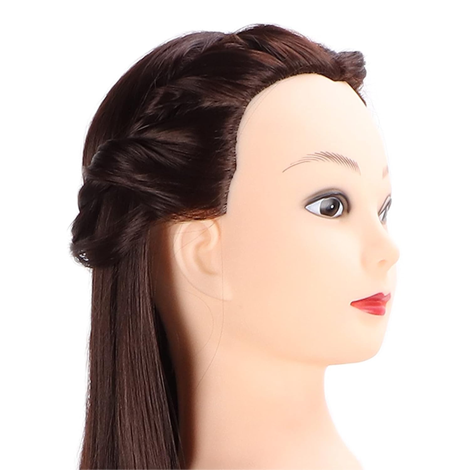 Hair Mannequin Head Dark Brown Hair Braiding Practice Hairdressing Mannequin Head (with Makeup)