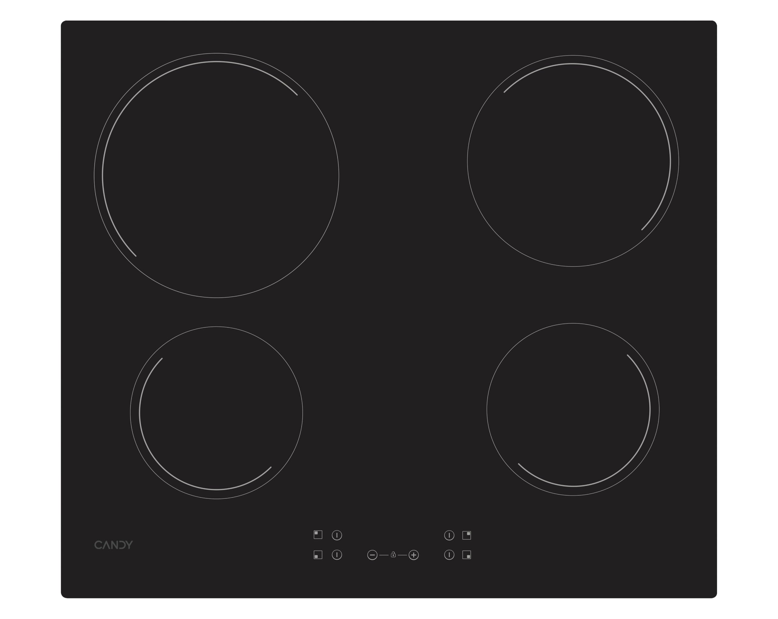 Candy Idea CH64CCB 4U2 Placa Vitrocerámica 4 Fuegos, 60CM, 10 Niveles de Potencia, 6,5KW, Mandos Centrales, Indicador de Calor, Bloqueo de Seguridad, Alerta Sobrecalentamiento y Derrames, Negro
