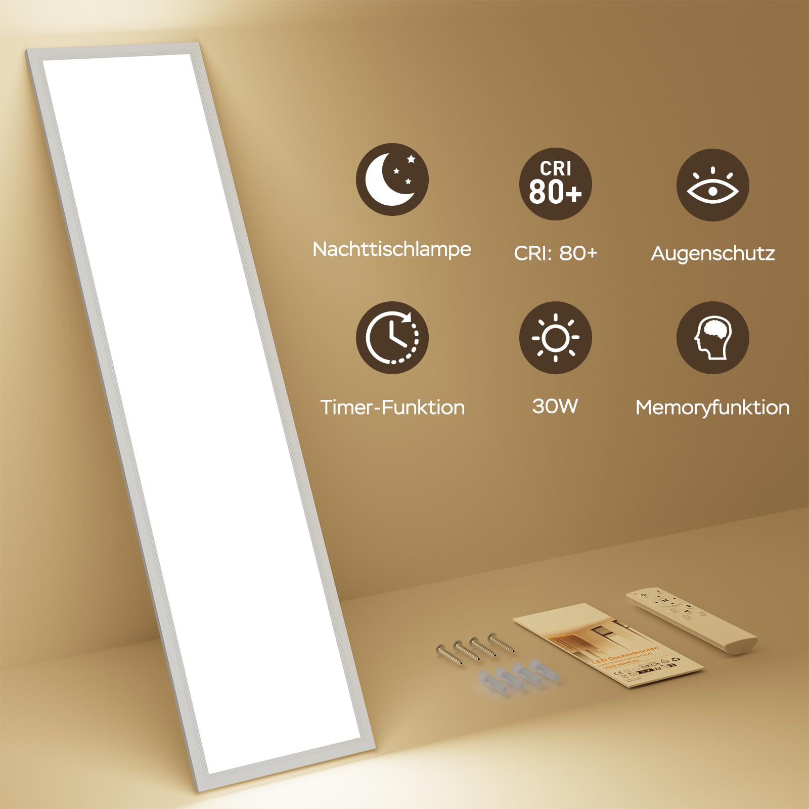 LED Panel Deckenleuchte 100x25cm, 3000-6500K Deckenleuchte Dimmbar, 30W Deckenlampe Lang Flach mit Fernbedienung Nachtlicht Memory-Funktion für Wohnzimmer Schlafzimmer Badezimmer Büro küche