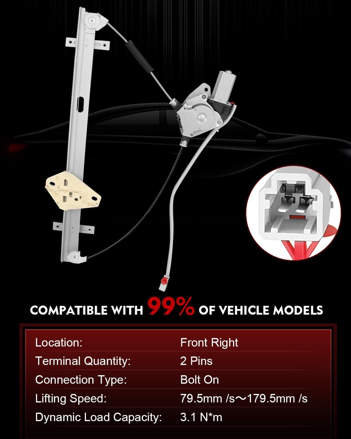 Front Right Passenger Side Power Window Regulator with Motor for:-Honda CRV CR-V 2002 2003 2004 2005 2006, 02 03 04 05 06, 2 Pins Connector Replace 72210-S9A-A02 741-303 74130 HO1351111 WL44095