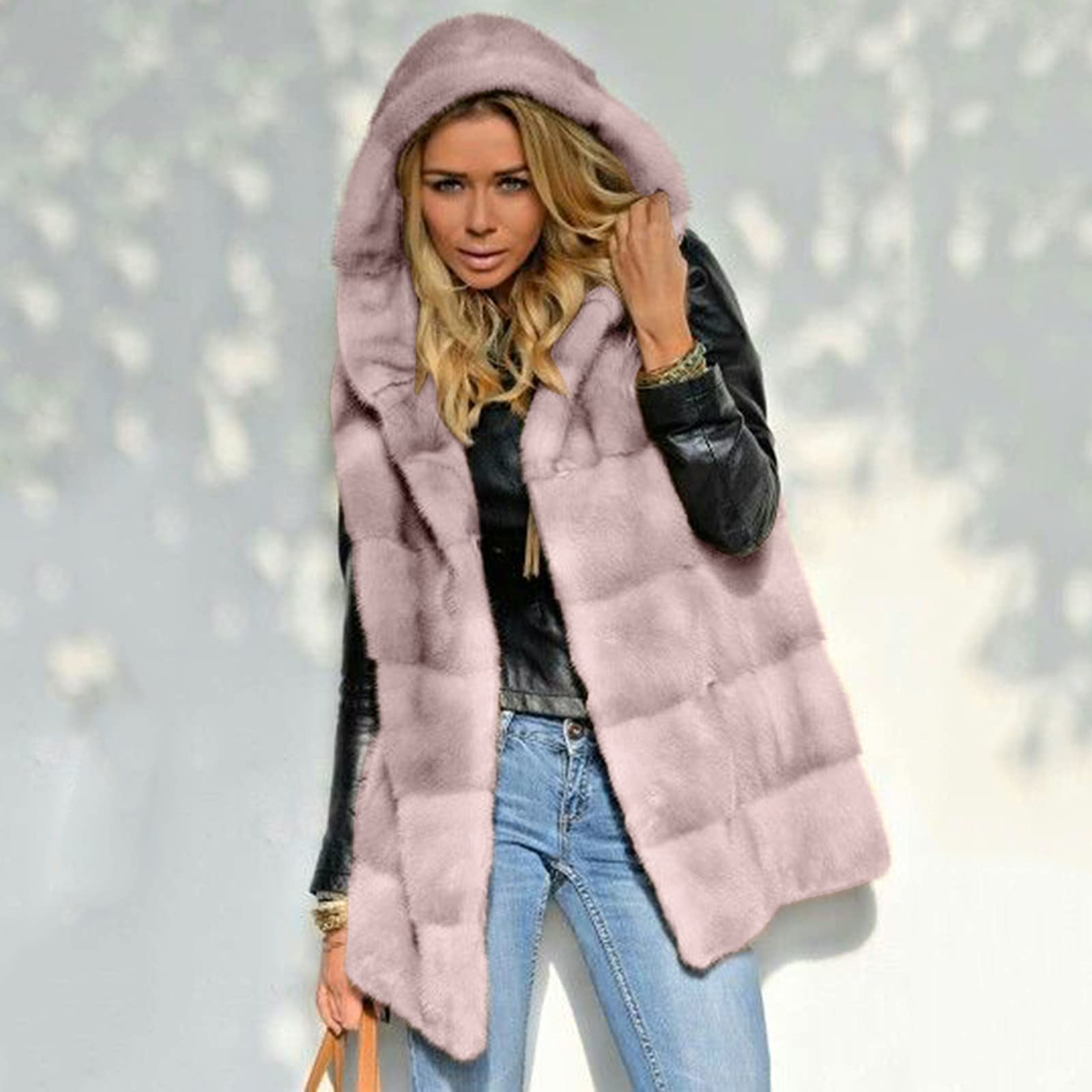 Generisch Trainingsjacke Herren Damen Faux-Fur ärmellose kurze Kapuzenjacke Weste Body Warmer Outwear